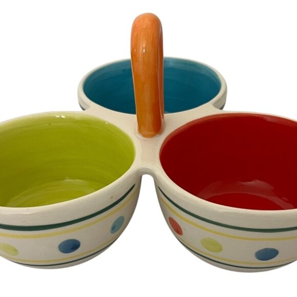 TAG Triple Condiment Server Bowl Dish Dip Polka Dot Ceramic Hand Painted Holder - Picture 5 of 5